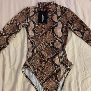 Tan Snake Printed High Neck Cut Out Back Bodysuit